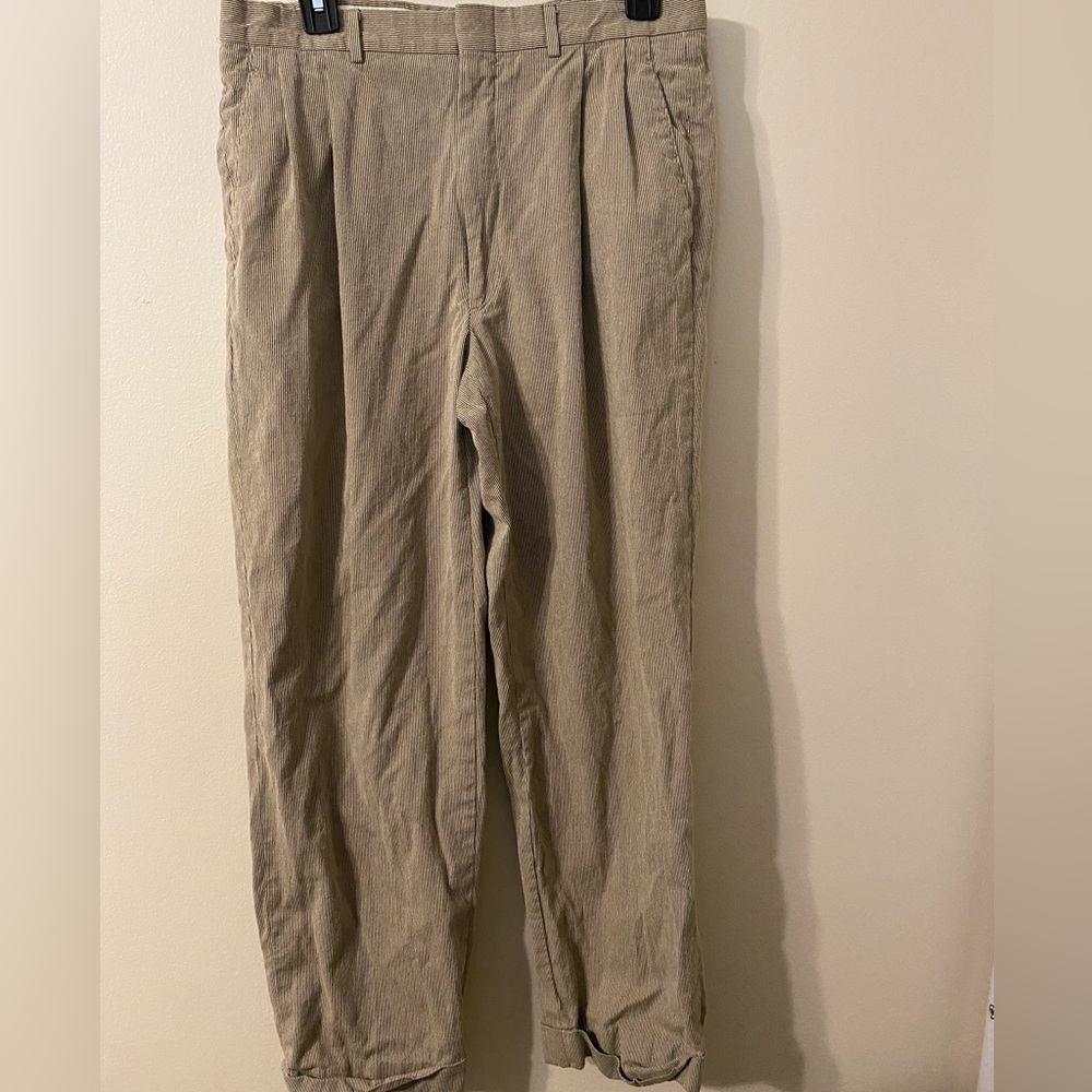Mens Brooks Brothers Tan White Pinstripe‎ 100% Cotton Slacks 32 Waist 32x29